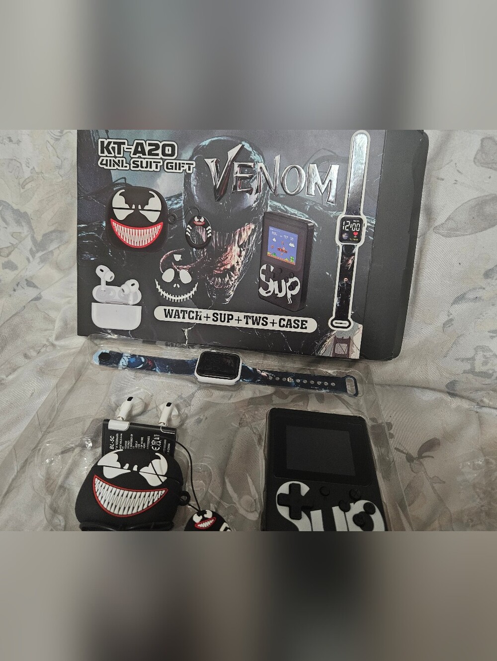 Kids Venom Themed Watch, Game Console, TWS Earbuds & Case Set - Black Blue White